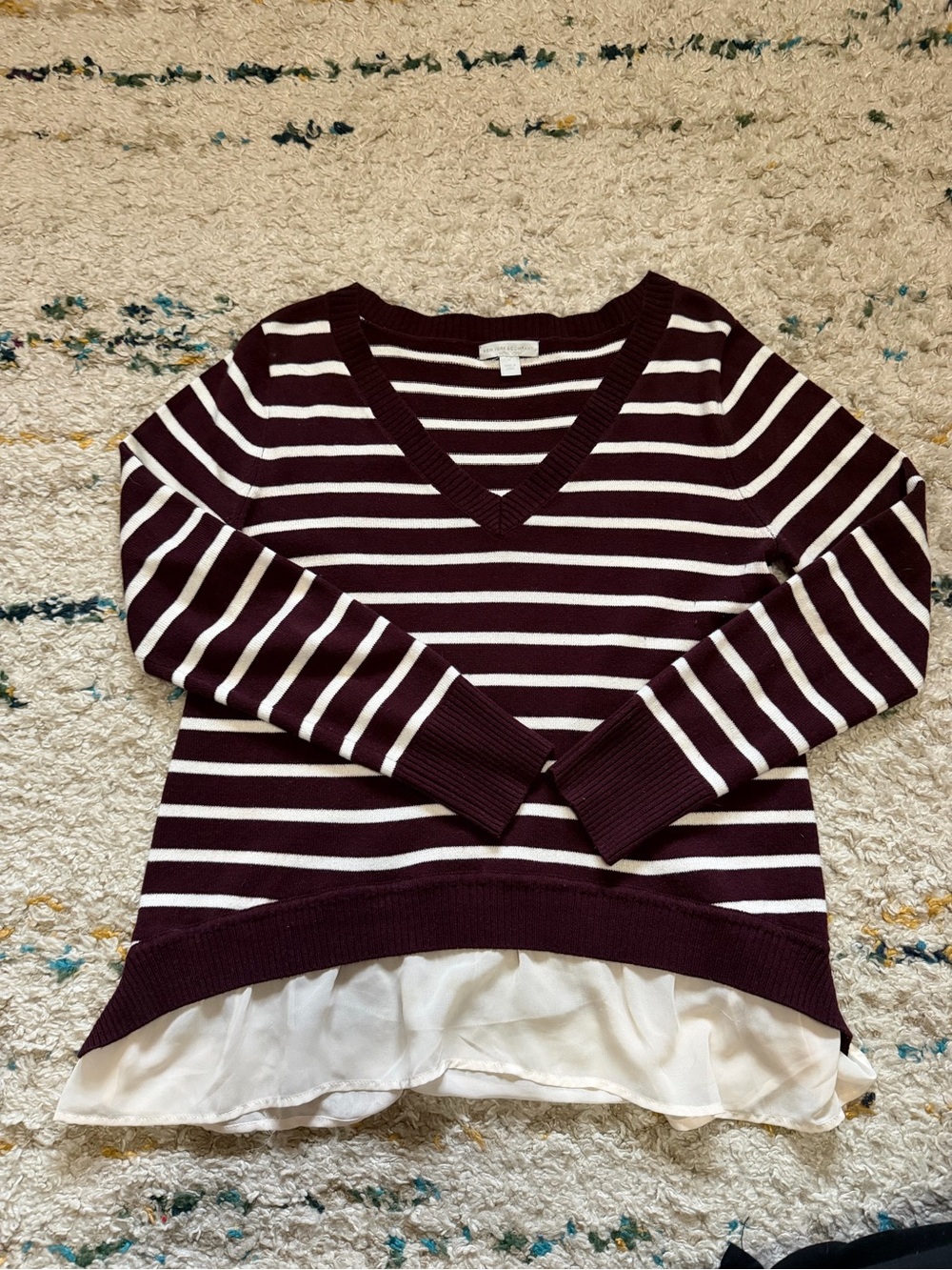 New York & Company Burgundy and White Striped V-Neck Sweater